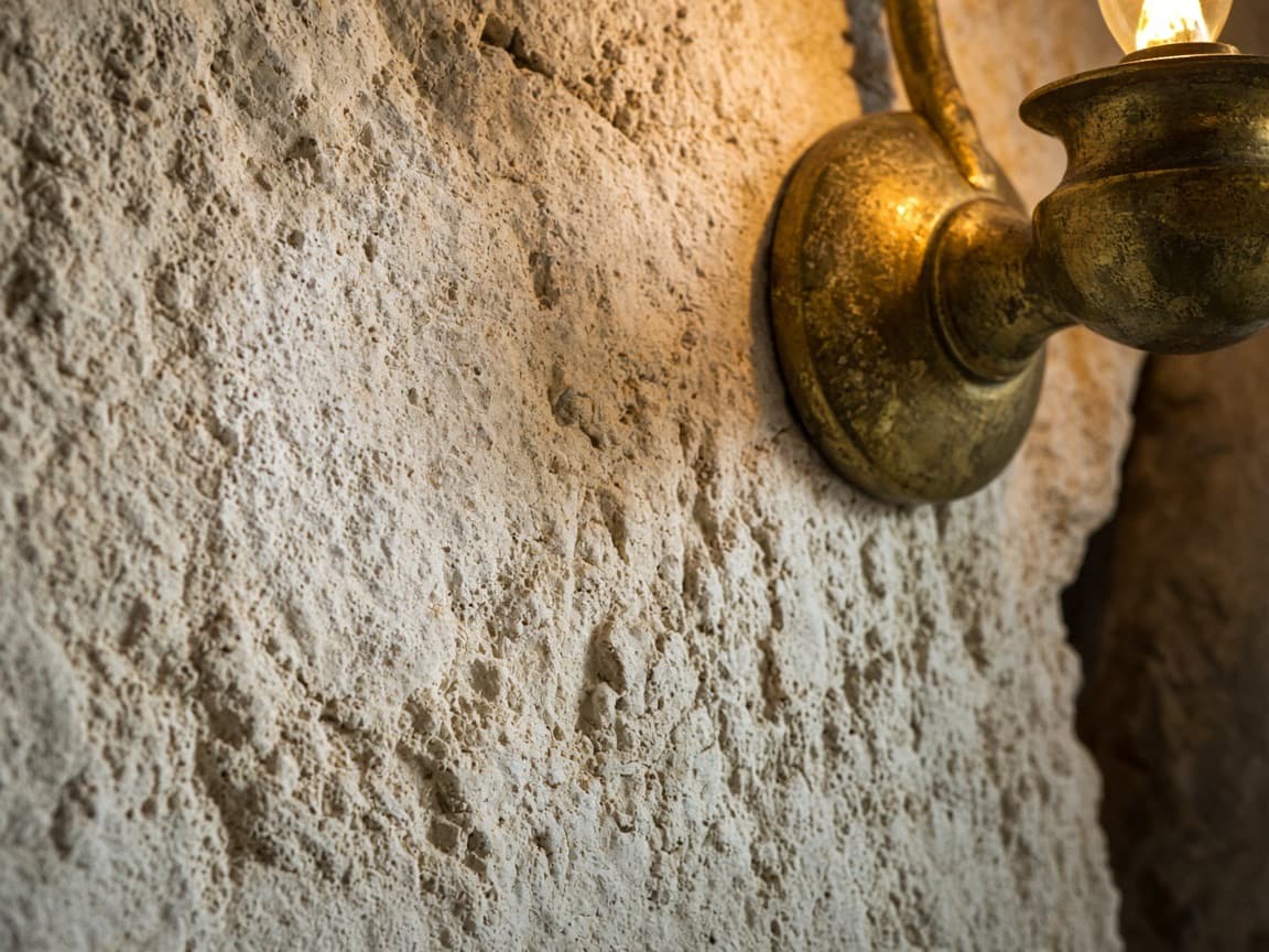 Close-up of Sardinian limestone meeting an oxidized brass fixture in candlelight.
