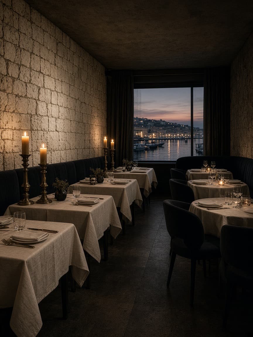 The dining room: linen tables, brass candlesticks, limestone walls, and a window of harbour water at dusk.