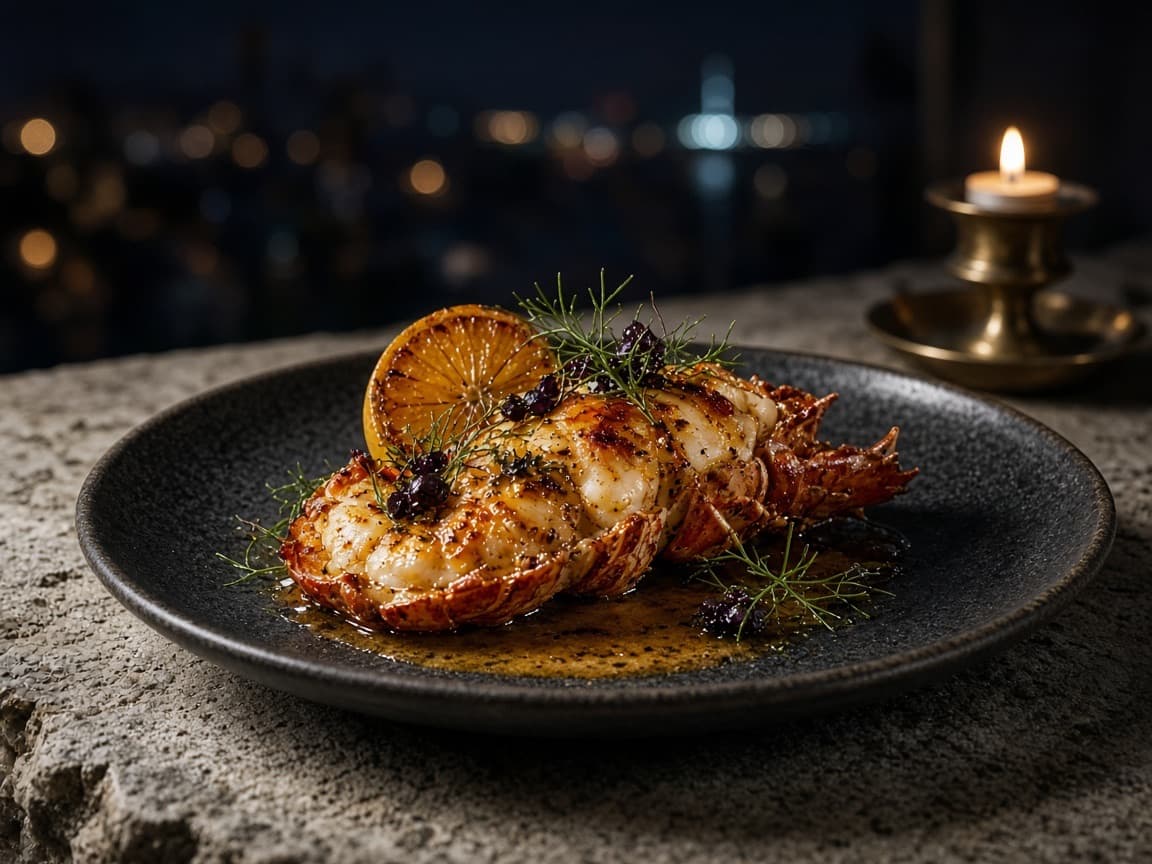 Roasted spiny lobster with myrtle butter and citrus on a dark plate.