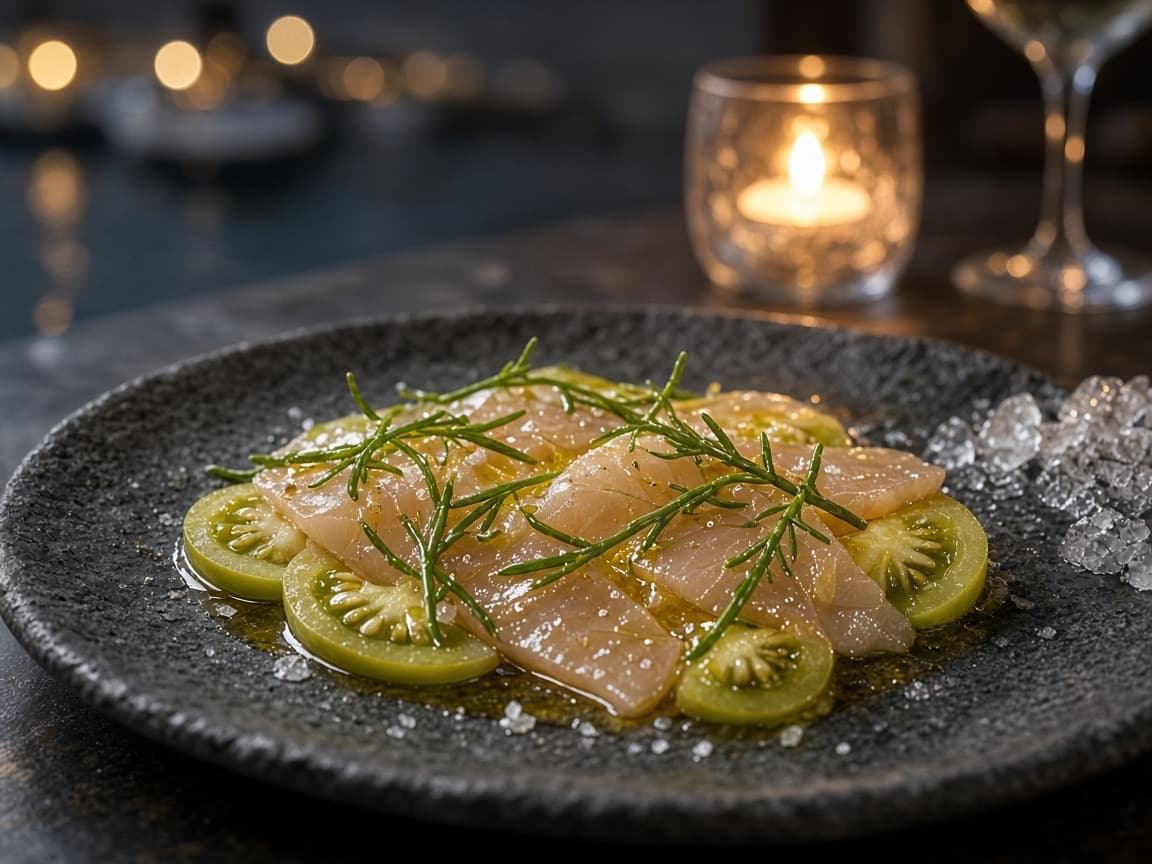 Sliced amberjack with green tomato and sea fennel on dark stone.