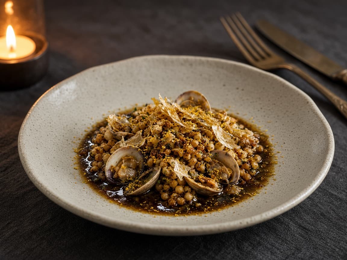 Toasted fregola with clams, bottarga, and dark broth on pale ceramic.