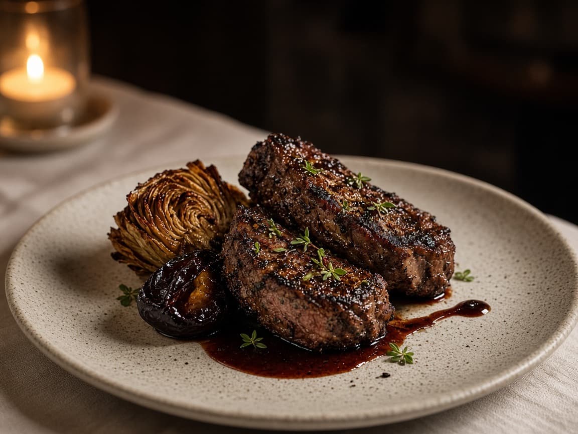 Charcoal lamb with smoked plum and artichoke on stoneware.