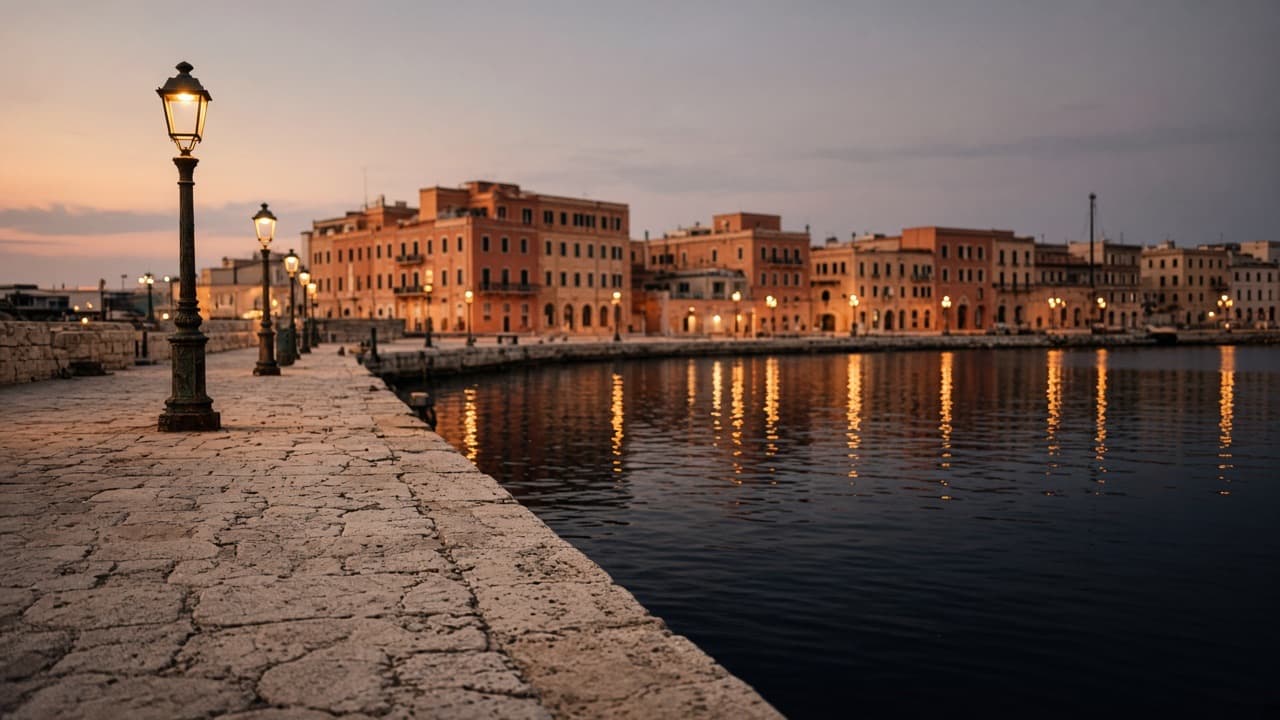 Cagliari harbour at dusk: pale limestone quay, brass lamplight, and long reflections on dark water.