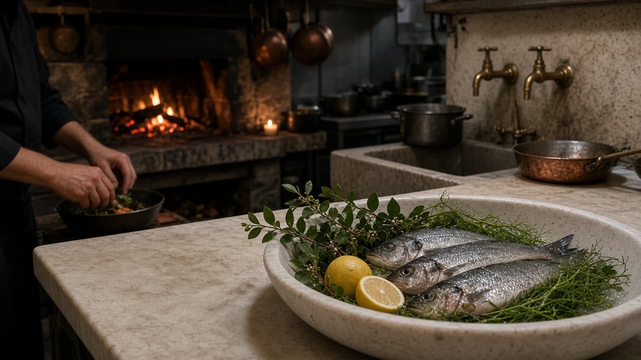 The kitchen: copper pans, a wood fire, whole fish, myrtle, and lemon on pale stone.