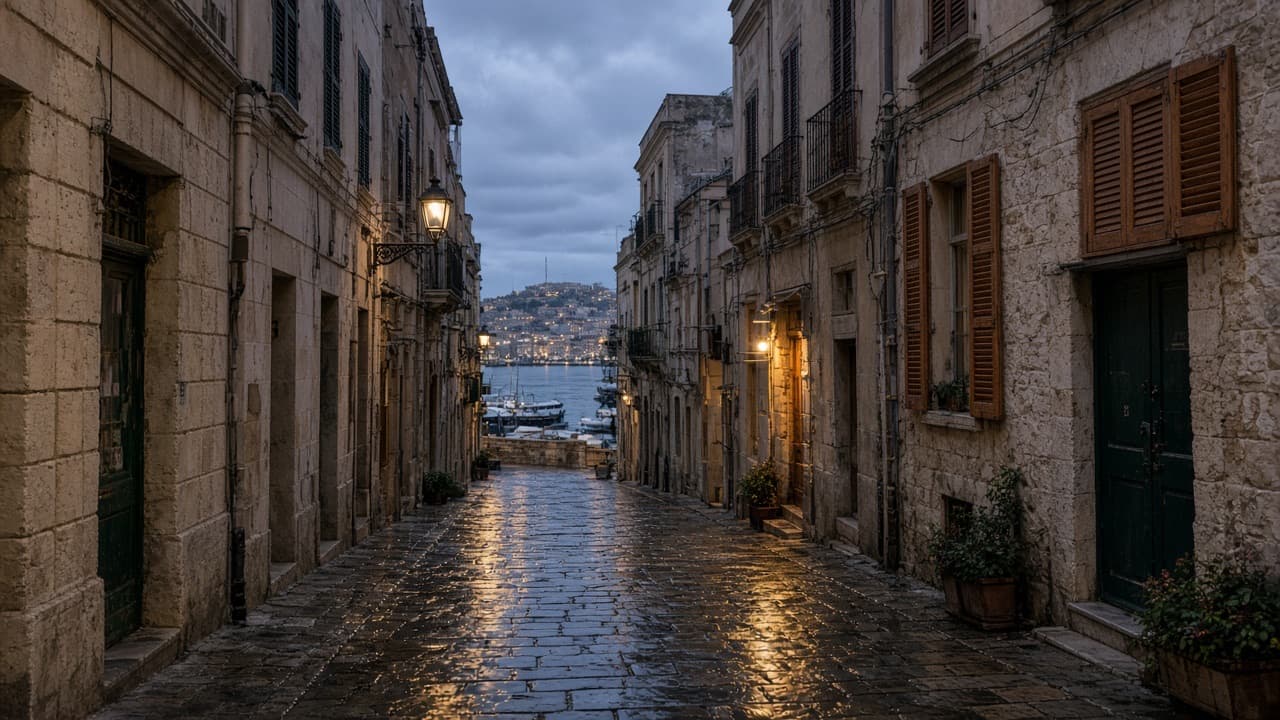 A narrow Marina street at blue hour, wet limestone, terracotta shutters, harbour light at the far end.