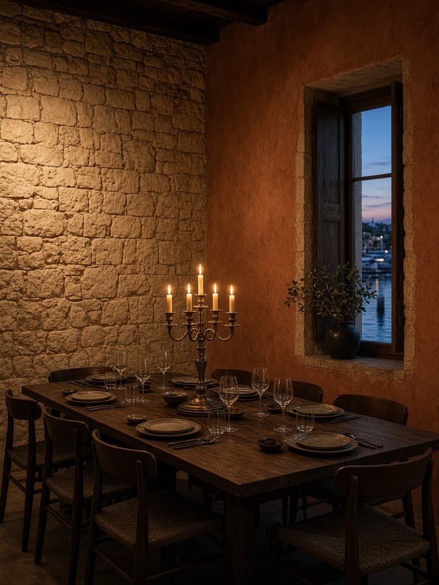 A long private table for eight under brass candelabra, with a narrow window of dusk water.