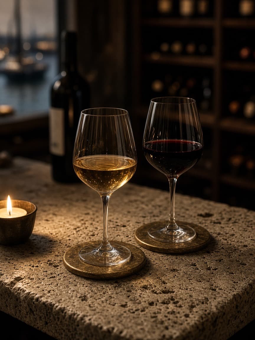 Two glasses of wine in candlelight on limestone, brass coaster, cellar wood behind.
